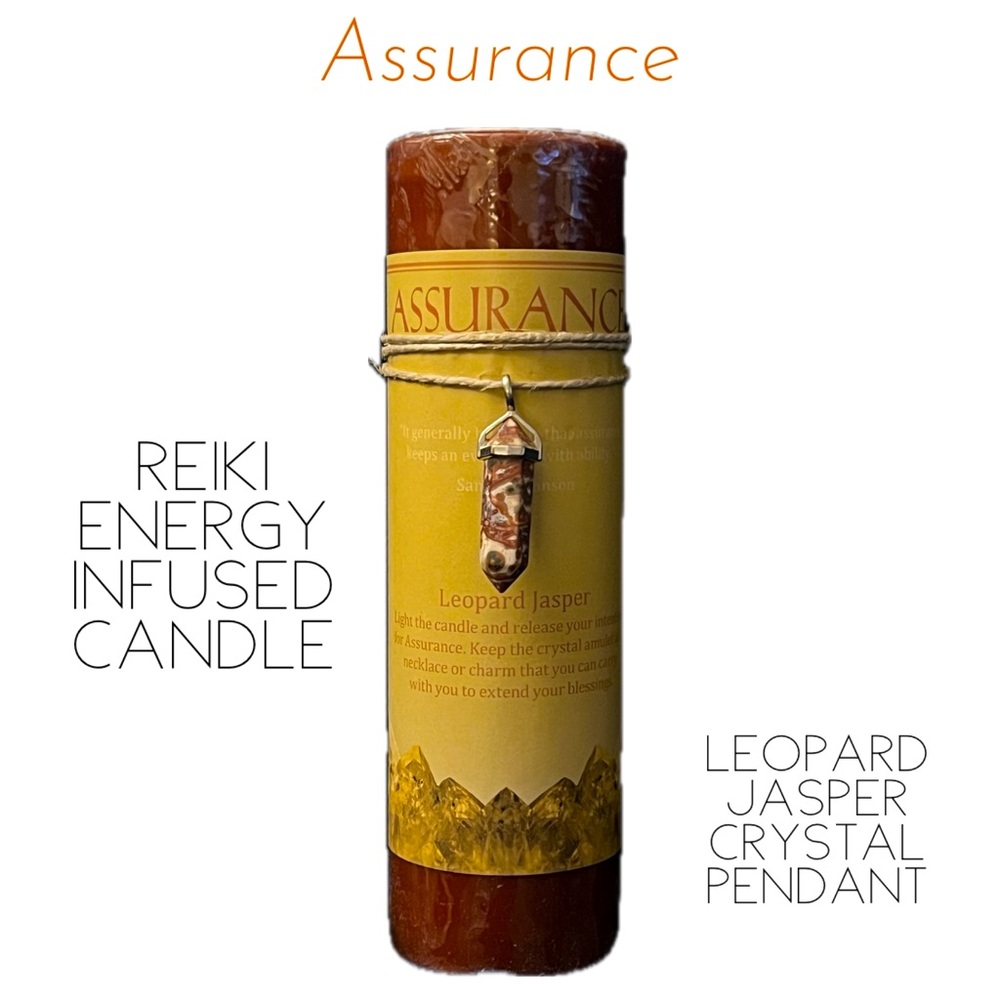 Reiki energy-infused candle with Leopard Jasper crystal pendant “Assu…